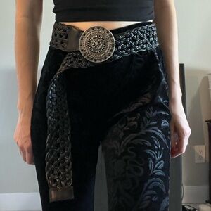 Vintage big black leather braided belt with round silver floral boho closure